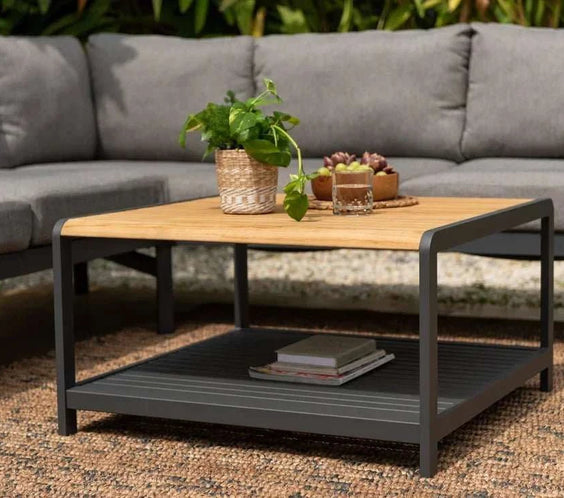 Capri Commercial Coffee Table - Aluminum with Teak Top - Outdoorsiness