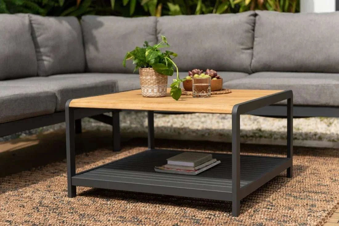 Capri Commercial Coffee Table - Aluminum with Teak Top - Outdoorsiness