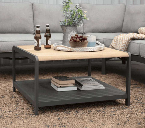 Capri Commercial Coffee Table - Aluminum with Teak Top - Outdoorsiness