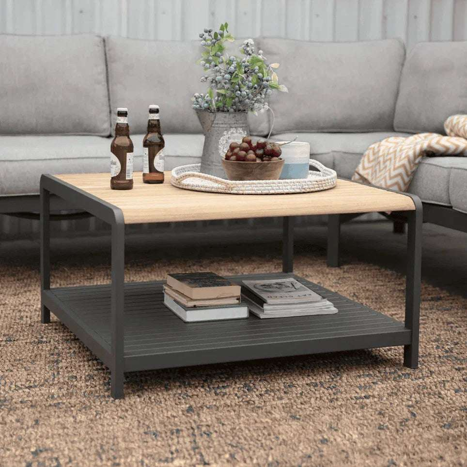 Capri Commercial Coffee Table - Aluminum with Teak Top - Outdoorsiness