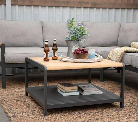 Capri Commercial Coffee Table - Aluminum with Teak Top - Outdoorsiness