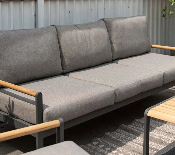 Capri Commercial Cushioned Patio Sofa - Aluminum with Teak Arms - Outdoorsiness