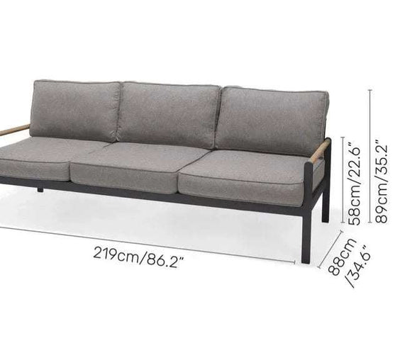 Capri Commercial Cushioned Patio Sofa - Aluminum with Teak Arms - Outdoorsiness