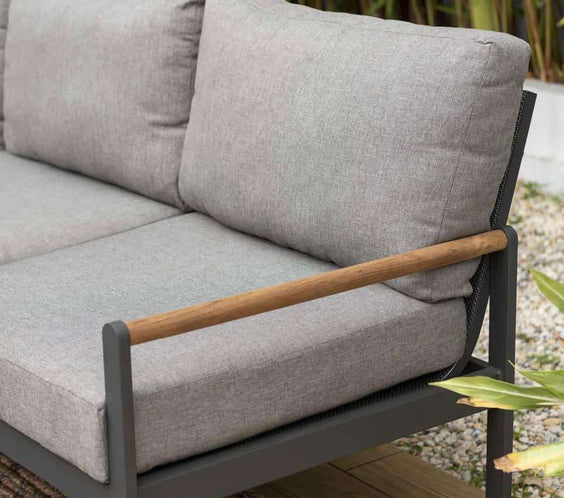 Capri Commercial Cushioned Patio Sofa - Aluminum with Teak Arms - Outdoorsiness
