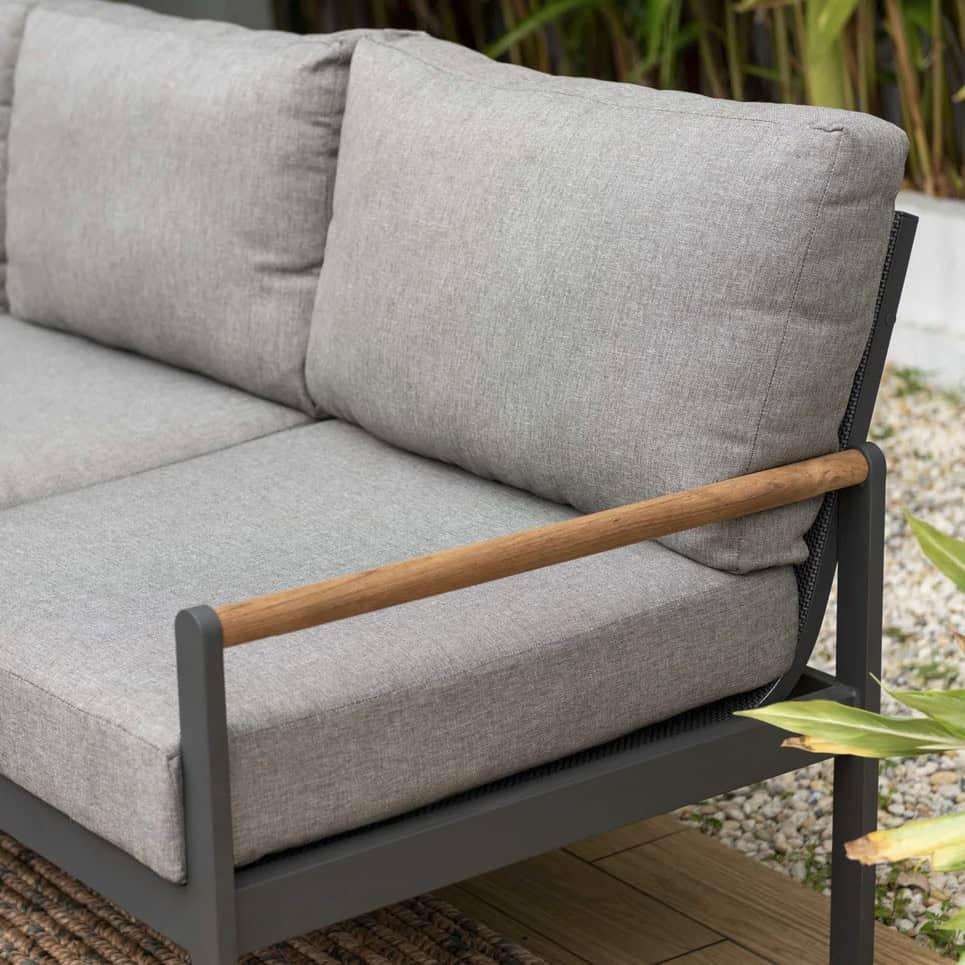 Capri Commercial Cushioned Patio Sofa - Aluminum with Teak Arms - Outdoorsiness
