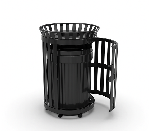 45 Gallon Slatted Commercial Outdoor Trash Receptacle – Side Opening with Flat Lid & Liner