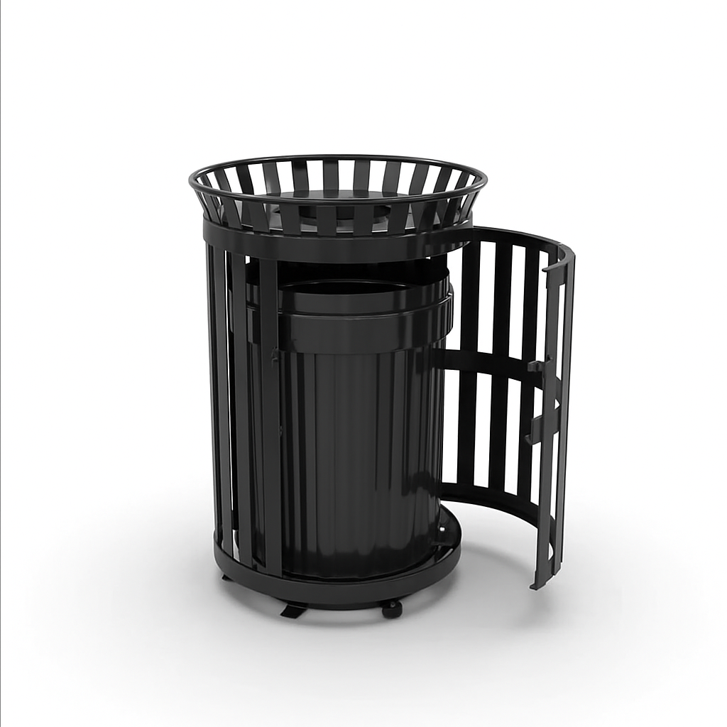 45 Gallon Slatted Commercial Outdoor Trash Receptacle – Side Opening with Flat Lid & Liner