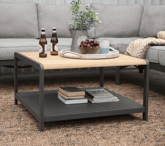 Capri Commercial Coffee Table - Aluminum with Teak Top