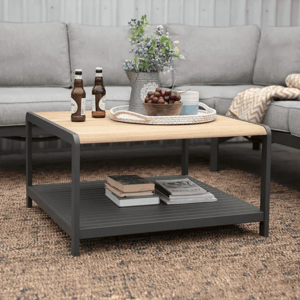 Capri Commercial Coffee Table - Aluminum with Teak Top