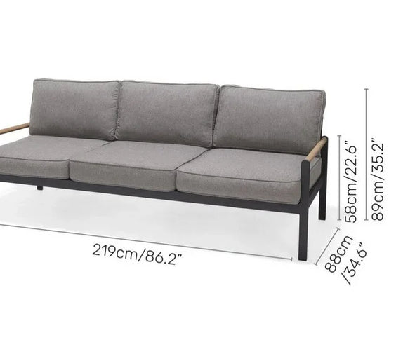 Capri Commercial Cushioned Patio Sofa - Aluminum with Teak Arms