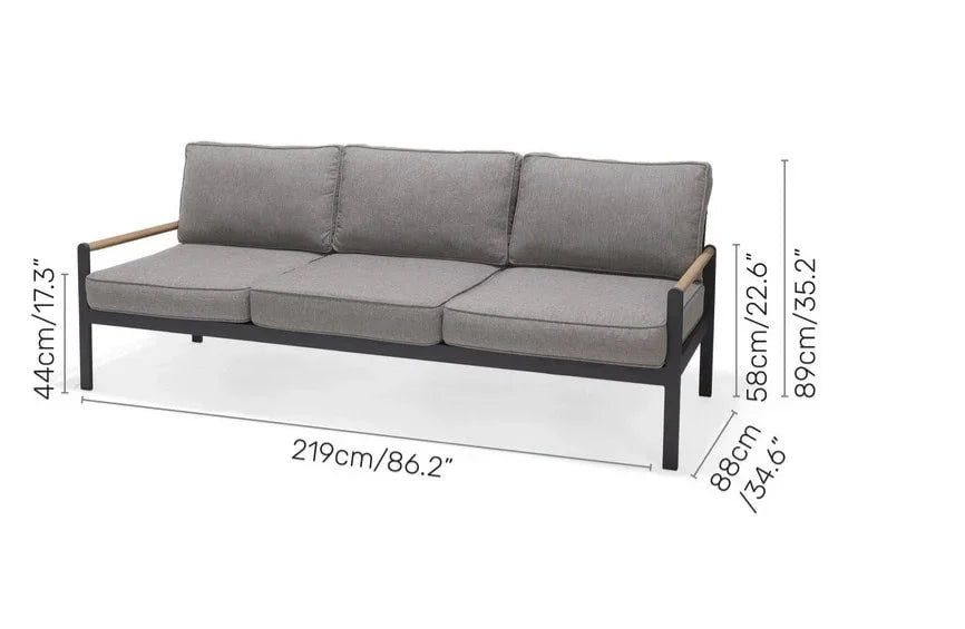 Capri Commercial Cushioned Patio Sofa - Aluminum with Teak Arms