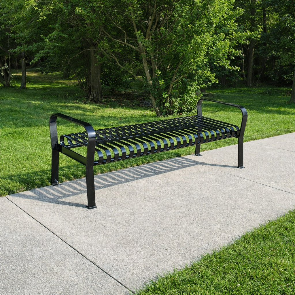 Courtyard Commercial Slatted Steel Bench Without Back - 6ft