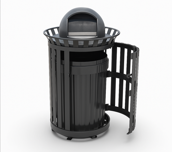 45 Gallon Slatted Commercial Outdoor Trash Receptacle – Side Opening with Dome Lid & Liner