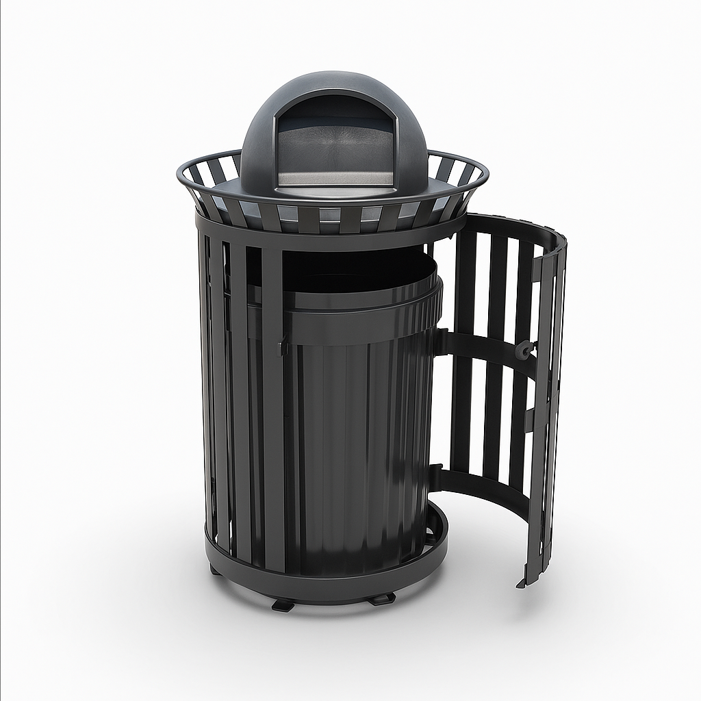 45 Gallon Slatted Commercial Outdoor Trash Receptacle – Side Opening with Dome Lid & Liner