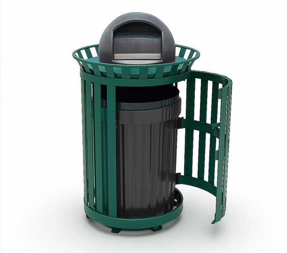 45 Gallon Slatted Commercial Outdoor Trash Receptacle – Side Opening with Dome Lid & Liner