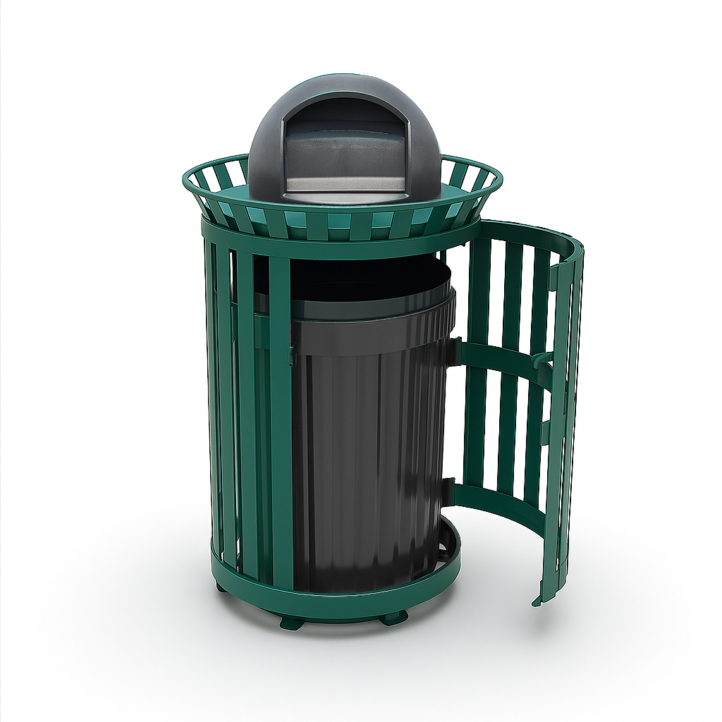 45 Gallon Slatted Commercial Outdoor Trash Receptacle – Side Opening with Dome Lid & Liner