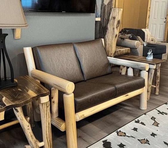 Cedar Log Indoor/Covered Patio Loveseat – 5 Finish Options – Cushions Included - Outdoorsiness