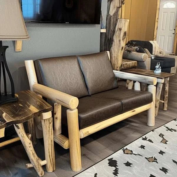 Cedar Log Indoor/Covered Patio Loveseat – 5 Finish Options – Cushions Included - Outdoorsiness