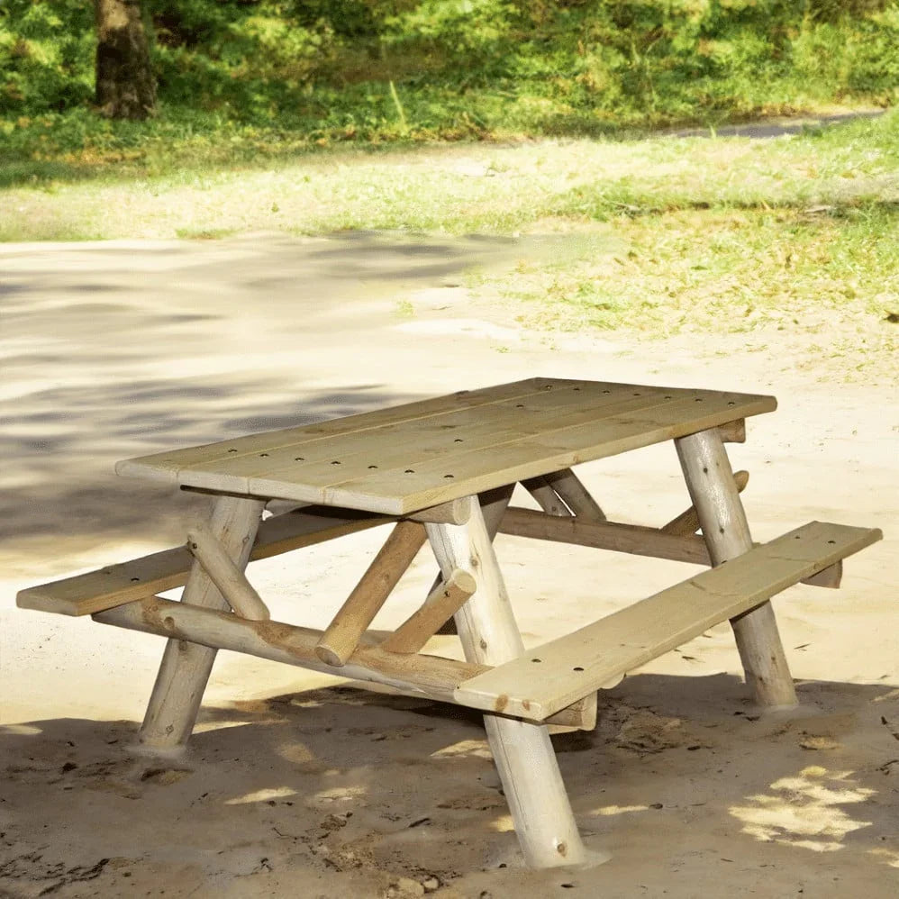 Lakeland Mills Cedar Log 6ft Picnic Table with Attached Benches