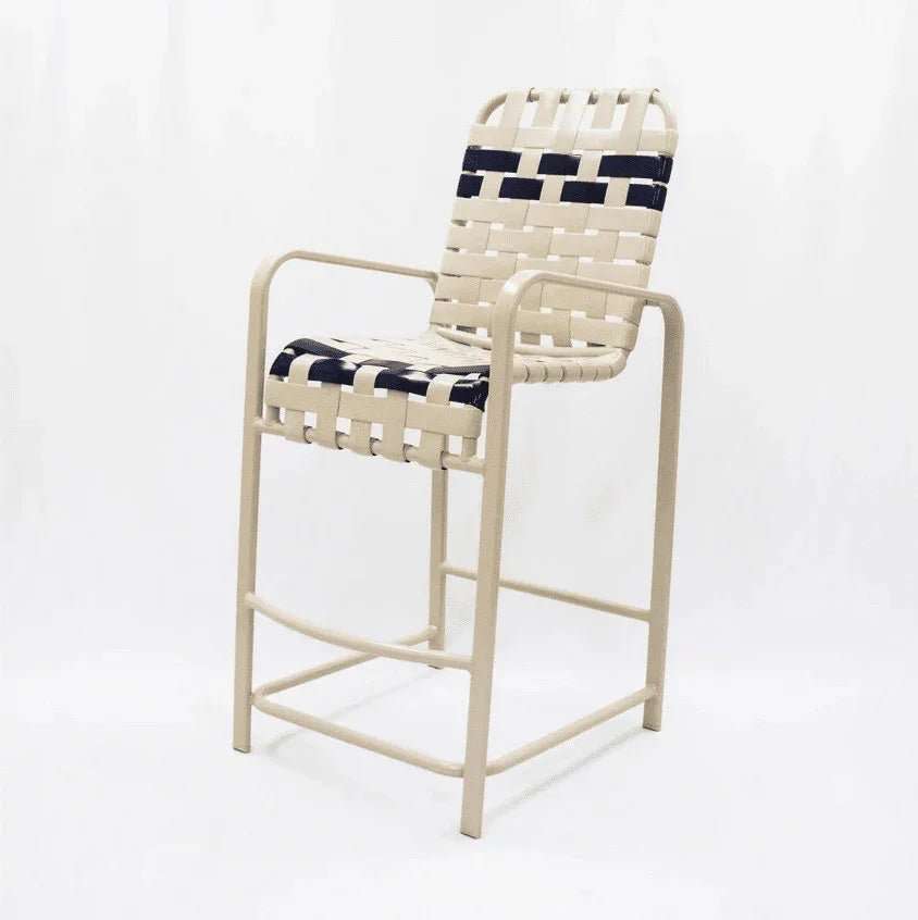 Coastline Basket Weave Vinyl Strap Commercial Pool Bar Stool with Arms – Aluminum Frame - Outdoorsiness