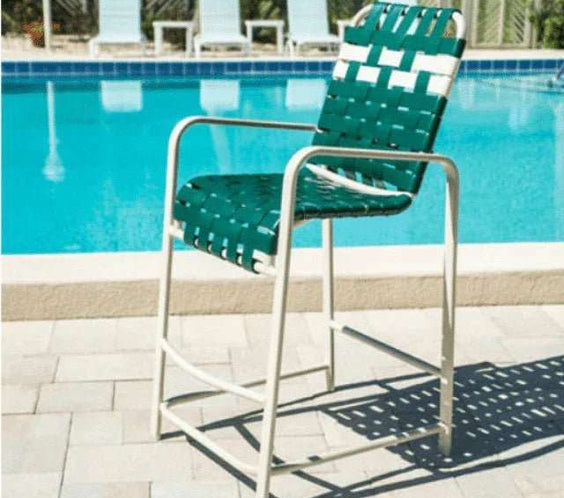 Coastline Basket Weave Vinyl Strap Commercial Pool Bar Stool with Arms – Aluminum Frame - Outdoorsiness