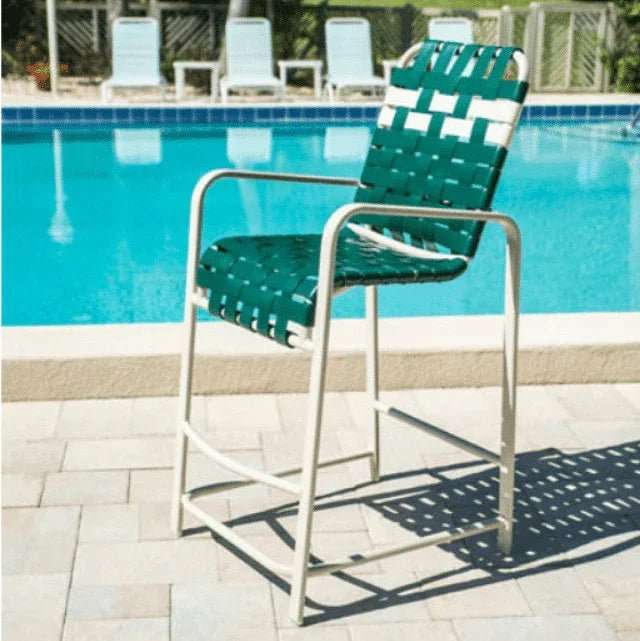 Coastline Basket Weave Vinyl Strap Commercial Pool Bar Stool with Arms – Aluminum Frame - Outdoorsiness
