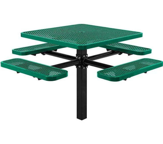 Commercial 46in Square Single Pedestal Picnic Table – Expanded Metal, In-Ground Mount - Outdoorsiness