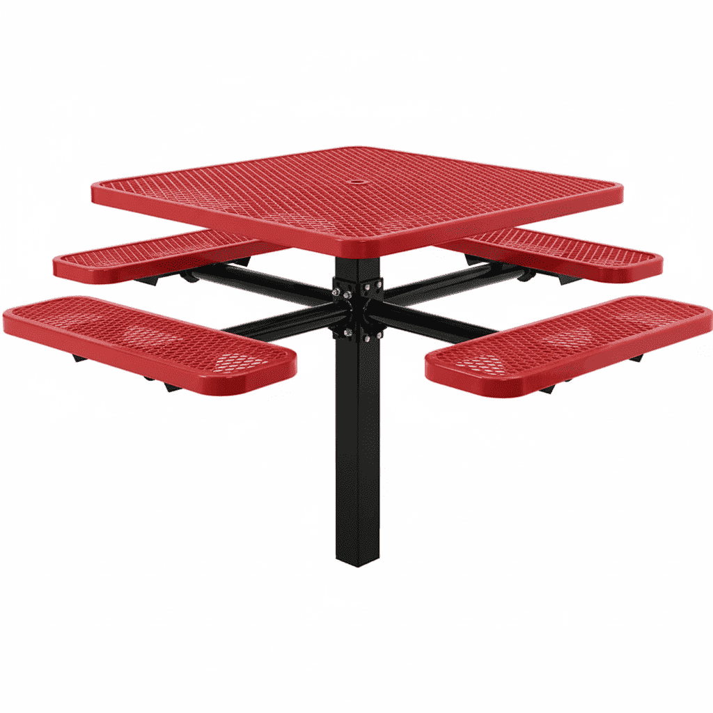 Commercial 46in Square Single Pedestal Picnic Table – Expanded Metal, In-Ground Mount - Outdoorsiness
