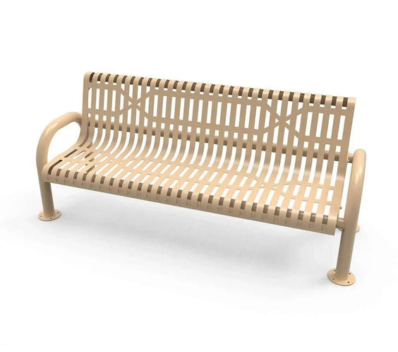 Commercial Slatted Steel Pipe Park Bench With Back – Rounded Frame, Surface Mount - Outdoorsiness
