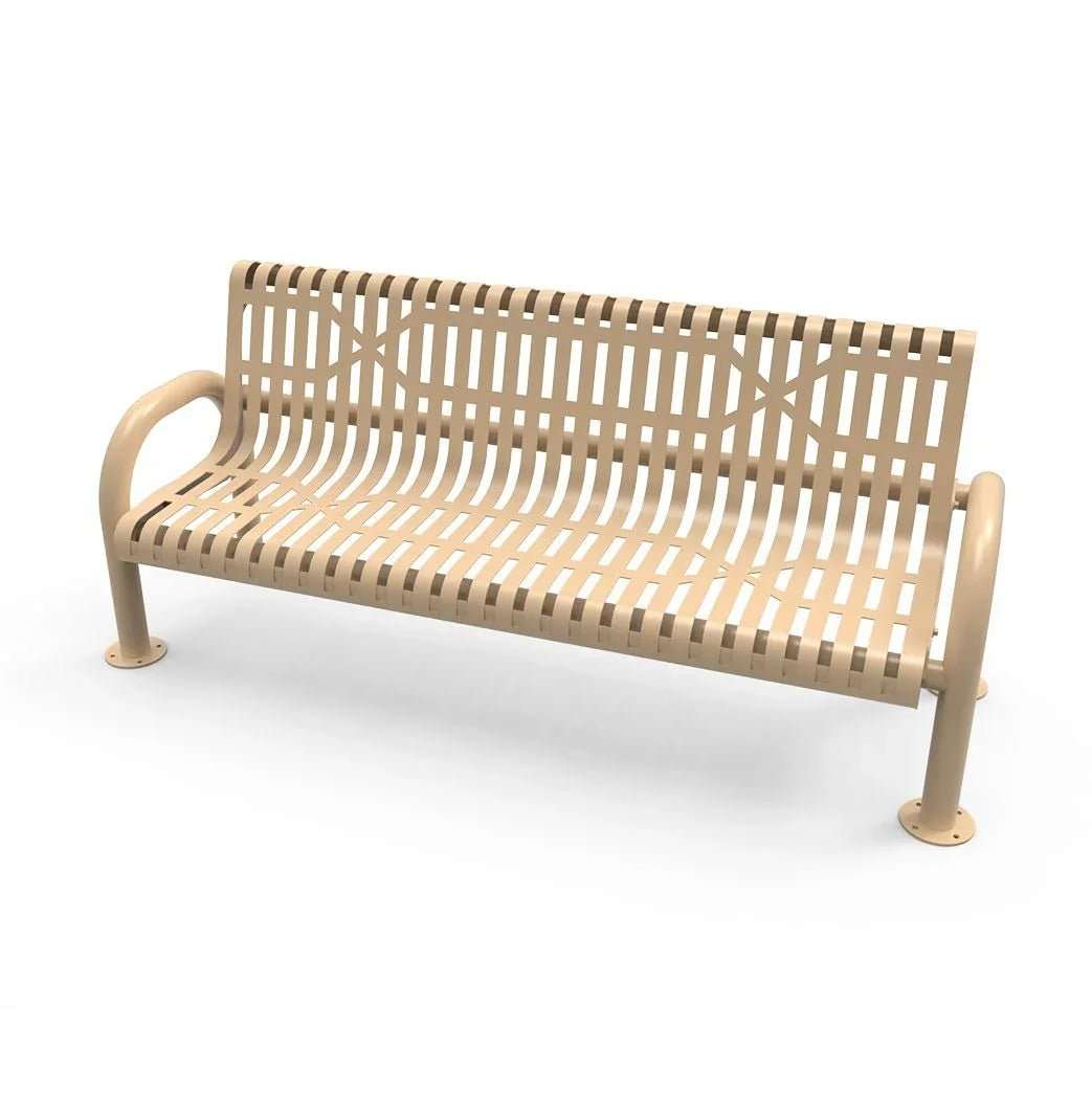 Commercial Slatted Steel Pipe Park Bench With Back – Rounded Frame, Surface Mount - Outdoorsiness