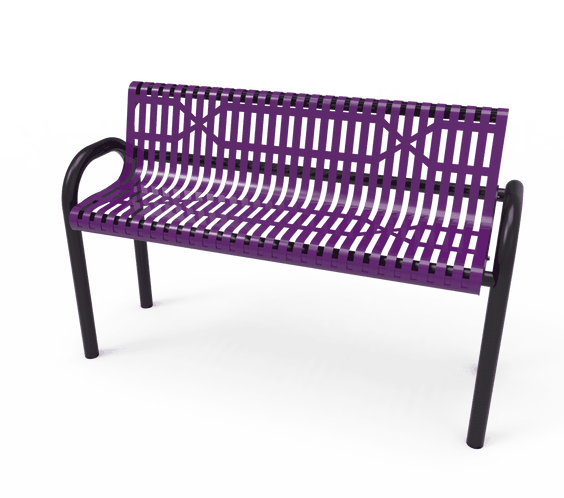 Commercial Slatted Steel Pipe Park Bench With Back – Rounded Frame, Surface Mount - Outdoorsiness