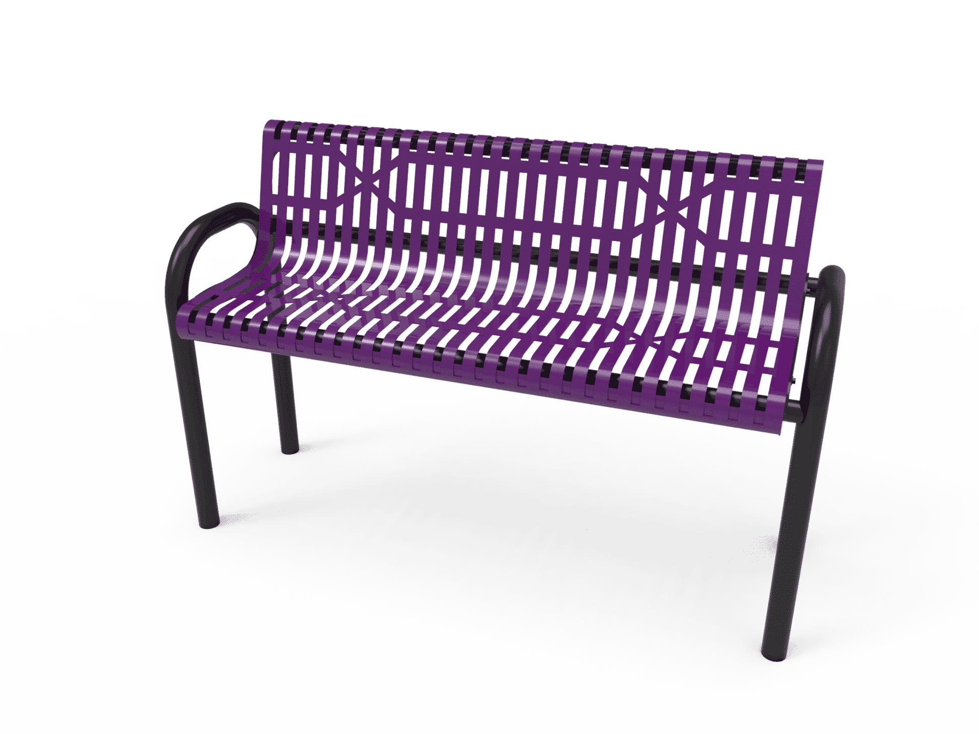 Commercial Slatted Steel Pipe Park Bench With Back – Rounded Frame, Surface Mount - Outdoorsiness