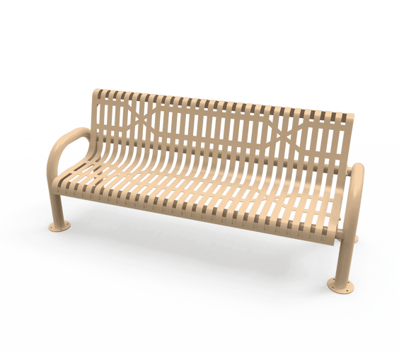 Commercial Slatted Steel Pipe Park Bench With Back – Rounded Frame, Surface Mount - Outdoorsiness