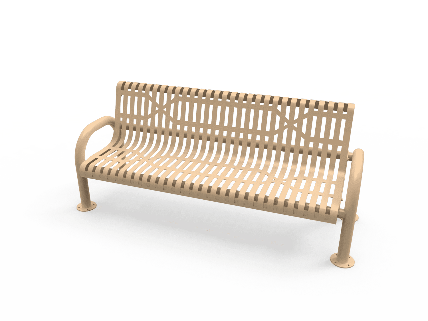Commercial Slatted Steel Pipe Park Bench With Back – Rounded Frame, Surface Mount - Outdoorsiness