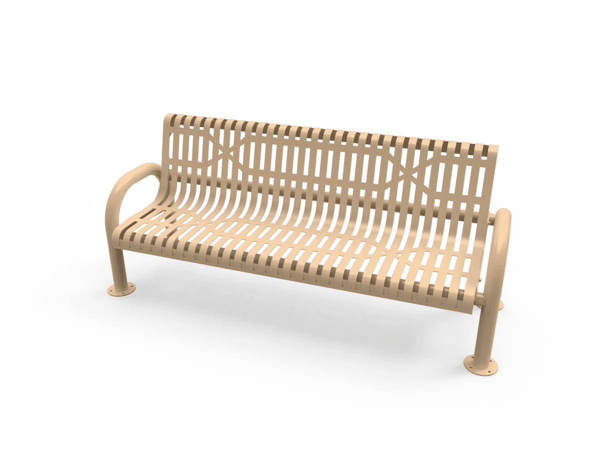 Commercial Slatted Steel Pipe Park Bench With Back – Rounded Frame, Surface Mount - Outdoorsiness