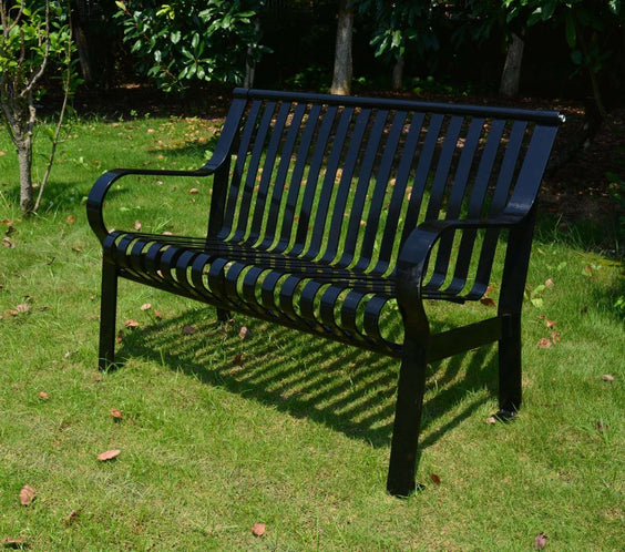 Courtyard Commercial 4ft Slatted Steel Park Bench With Back – Powder Coated, Quick Ship - Outdoorsiness