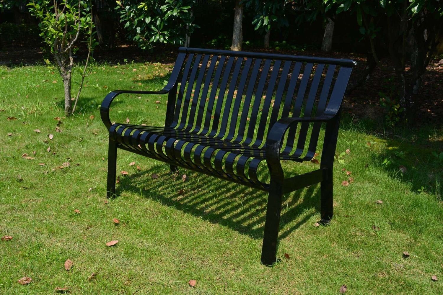 Courtyard Commercial 4ft Slatted Steel Park Bench With Back – Powder Coated, Quick Ship - Outdoorsiness