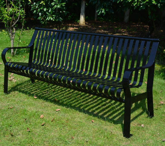 Courtyard Commercial 6ft Slatted Steel Park Bench With Back – Powder Coated, Quick Ship - Outdoorsiness
