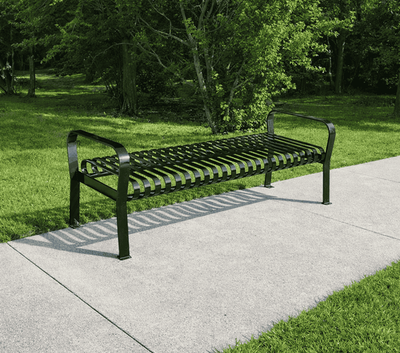 Courtyard Commercial 6ft Slatted Steel Park Bench Without Back – Powder Coated, Quick Ship - Outdoorsiness