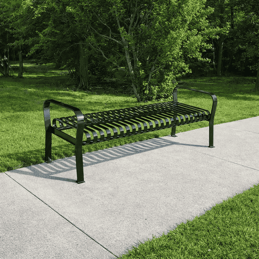 Courtyard Commercial 6ft Slatted Steel Park Bench Without Back – Powder Coated, Quick Ship - Outdoorsiness