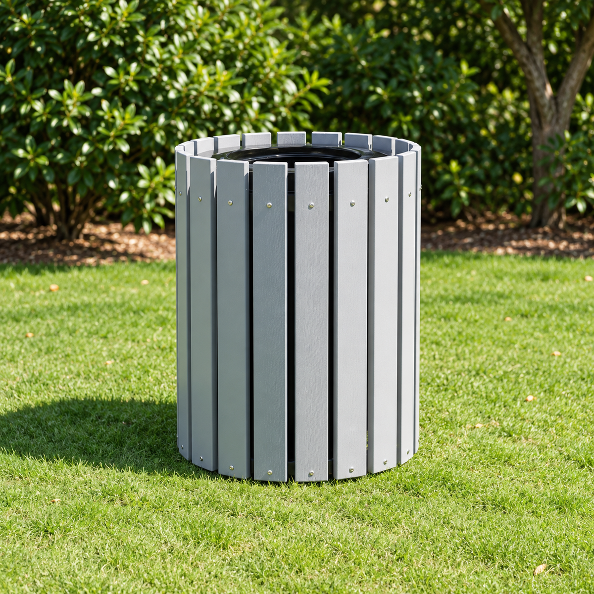 45 Gallon Recycled Plastic Trash Can – Commercial Round Slatted Receptacle with Heavy-Duty Liner