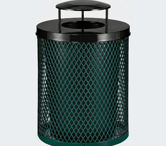 36 Gallon Diamond Expanded Steel Commercial Outdoor Trash Can – Rain Bonnet Lid, Liner & Base