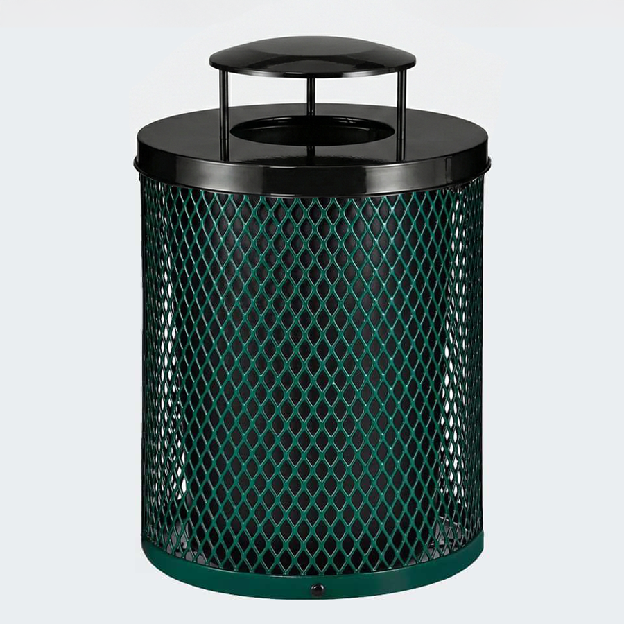 36 Gallon Diamond Expanded Steel Commercial Outdoor Trash Can – Rain Bonnet Lid, Liner & Base