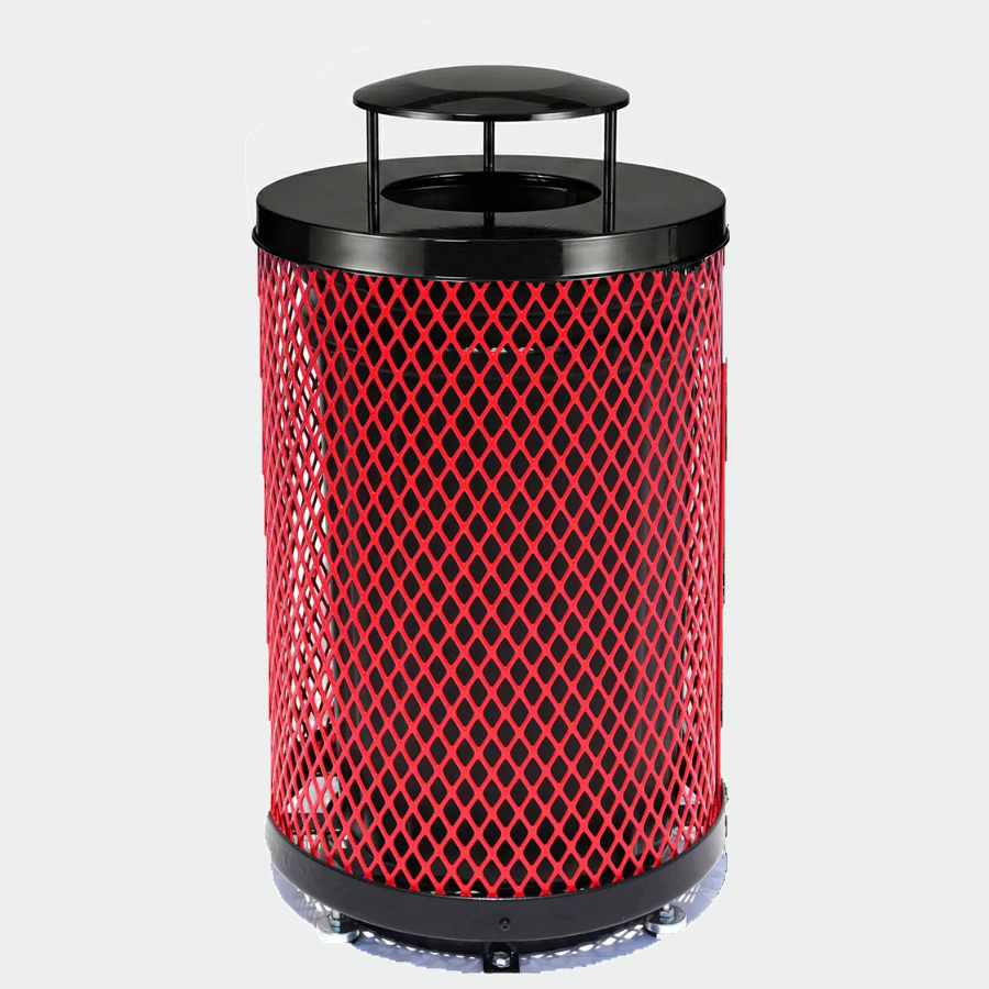 36 Gallon Diamond Expanded Steel Commercial Outdoor Trash Can – Rain Bonnet Lid, Liner & Base