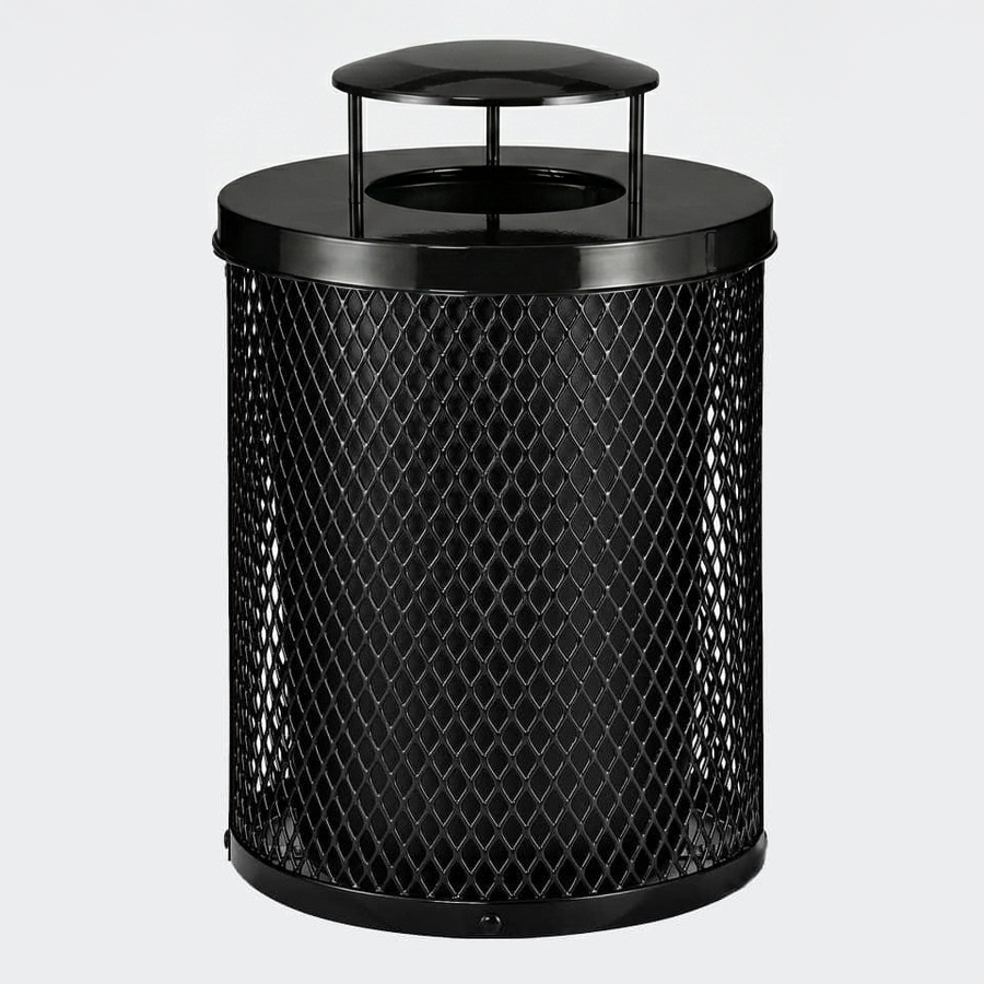 Commercial 36 Gallon Diamond Steel Trash Can With Rain Bonnet Lid, Liner & Base - Outdoor