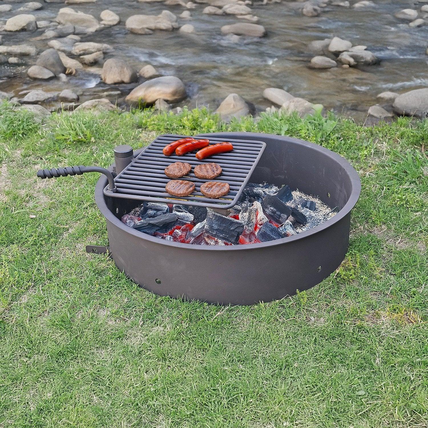 Commercial 32 Inch Campfire Ring with Swivel Cooking Grate – Heavy Duty Steel