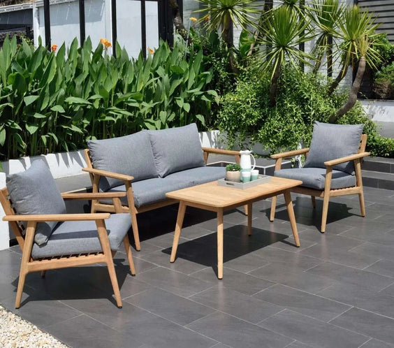 Flores 4 Piece Deep Seating Cushioned Conversation Set - Teak Patio Sofa Set - Outdoorsiness