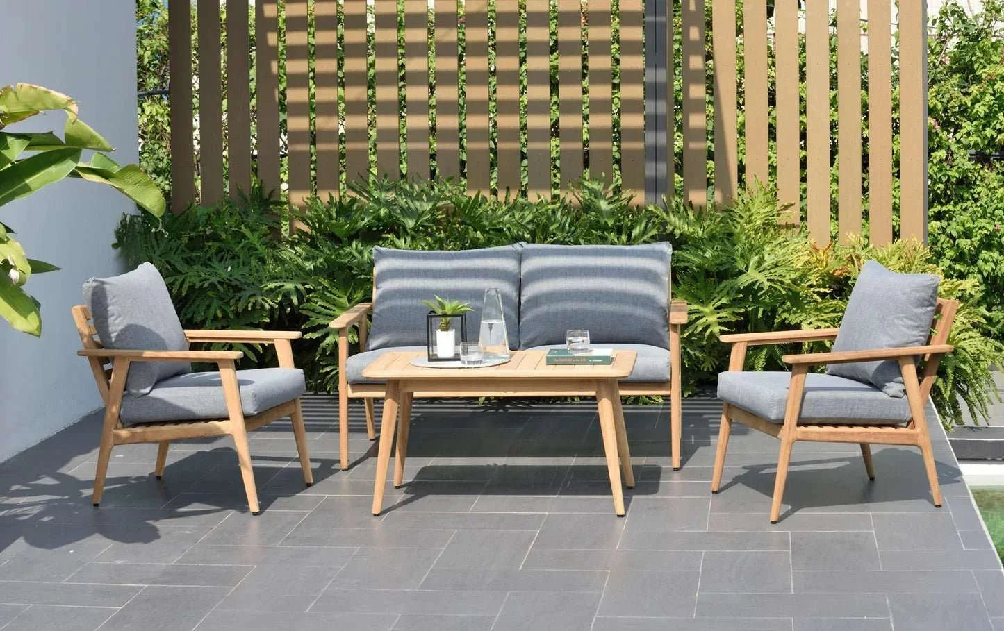 Flores 4 Piece Deep Seating Cushioned Conversation Set - Teak Patio Sofa Set - Outdoorsiness
