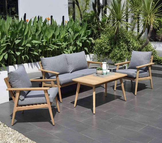 Flores 4 Piece Deep Seating Cushioned Conversation Set - Teak Patio Sofa Set - Outdoorsiness