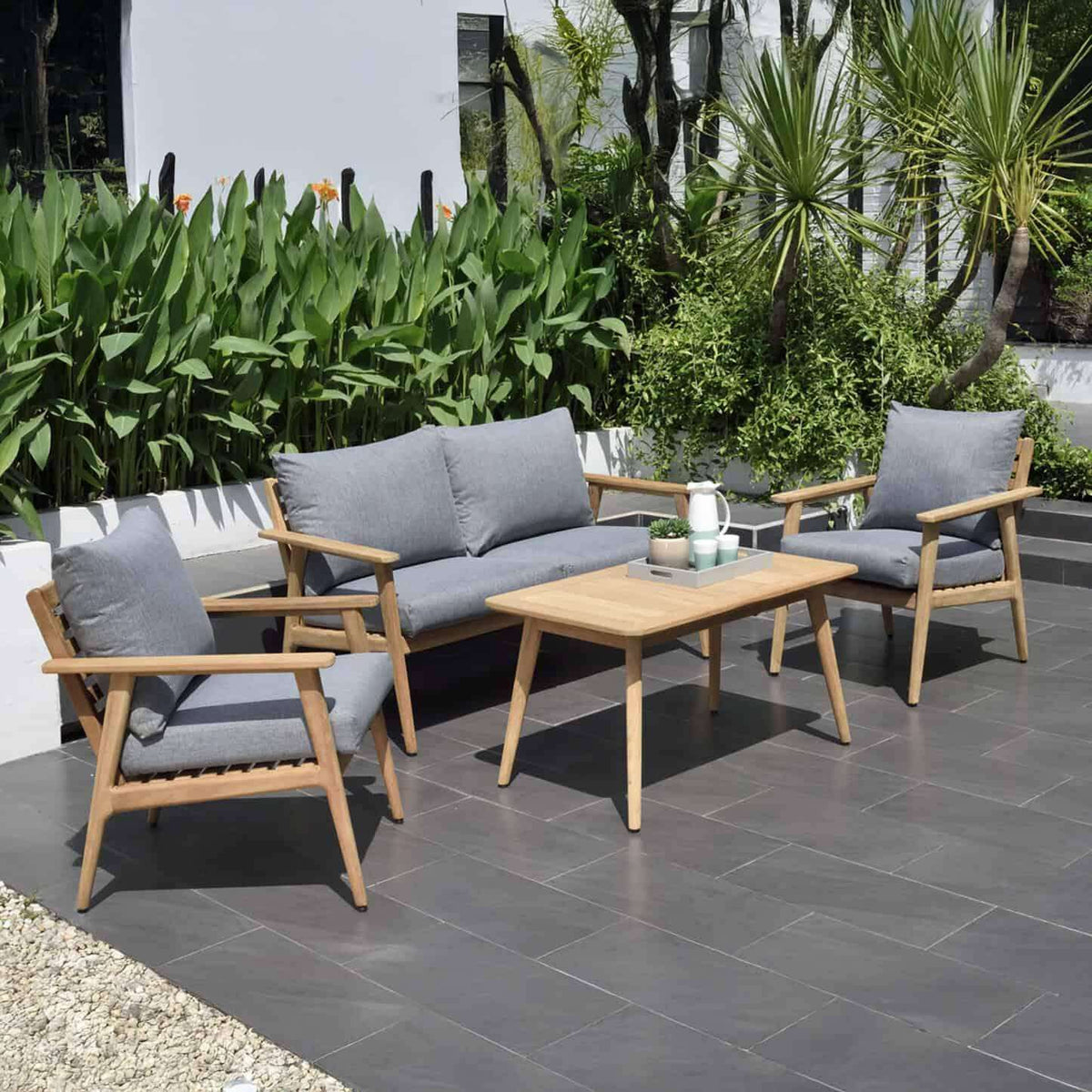 Flores 4 Piece Deep Seating Cushioned Conversation Set - Teak Patio Sofa Set - Outdoorsiness